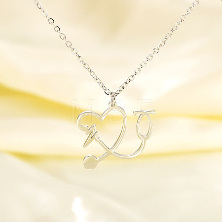 304 Stainless Steel Heart Shaped Stethoscope Pendant Necklaces for Women NJEW-B158-03P-1
