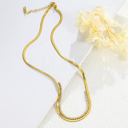 304 Stainless Steel Pave Square Clear Cubic Zirconia Flat Snake Chain Necklaces for Women WG60D5C-01-1