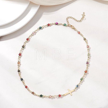 Faceted Natural Indian Agate Round Beads & 304 Stainless Steel Tiny Cross Handmade Link Chain Necklaces NJEW-JN05842-03-1