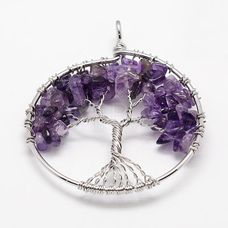 Tree of Life Natural Amethyst Bead Brass Wire Wrapped Big Pendants KK-L136-01E-NR-1