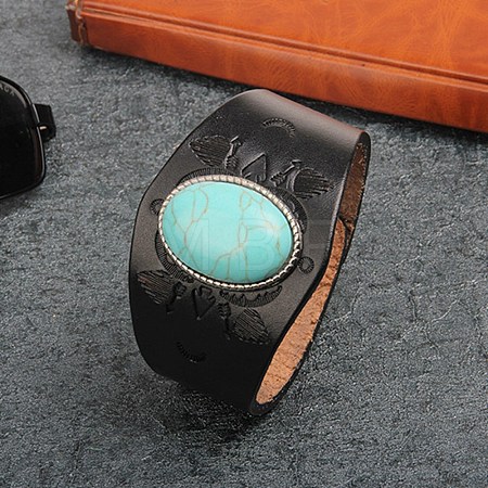 PU Leather & Oval Synthetic Turquoise Bracelets WG45792-01-1