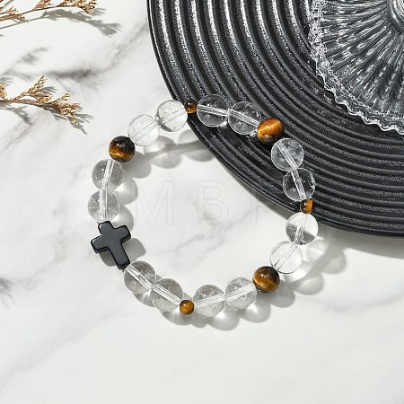 8MM Round Natural Quartz Crystal & Tiger Eye & Dyed Synthetic Turquoise Black Cross Beaded Stretch Bracelets for Women Men BJEW-TA00741-1