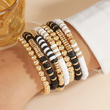 Black and white Polymer Clay Heishi Beaded Stretch Bracelet Sets LV4210-1