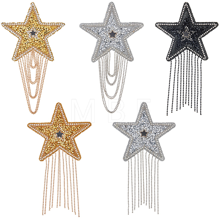 5Pcs 5 Styles Resin Rhinestone with Iron Ball Chain Tassel Sew On Patches PATC-CY0001-68-1