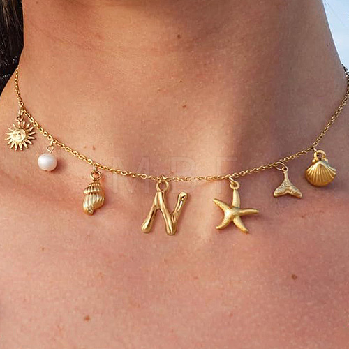 Bohemian Summer Beach Style 18K Gold Plated Shell Shape Initial Pendant Necklaces IL8059-14-1