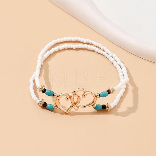 Glass Seed Beads & Alloy Heart Link Anklets WGBE152-04-1