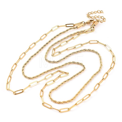 304 Stainless Steel Double Layer Paperclip Chain & Rope Chain Necklaces for Women NJEW-G140-01A-G-1