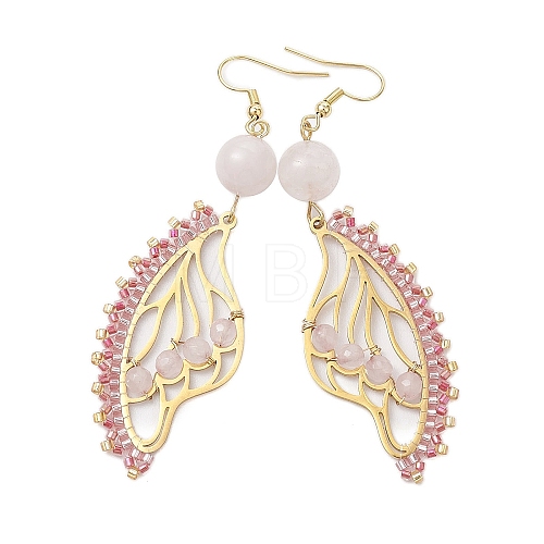 Butterfly Wing Natural Rose Quartz & Seed Beads Dangle Earrings EJEW-MZ00165-1