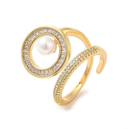 Ring Brass Micro Pave Clear Cubic Zirconia with Resin Pearl Cuff Rings for Women RJEW-G311-02B-G-1