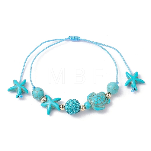 Starfish & Turtle Synthetic Turquoise(Dyed & Heated) Braided Bead Bracelets BJEW-JB09818-01-1