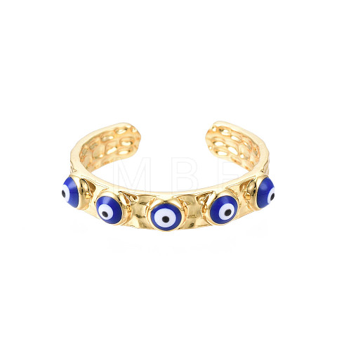 Real 18K Gold Plated Brass Open Cuff Ring with Enamel Evil Eye for Women RJEW-Q166-02B-1