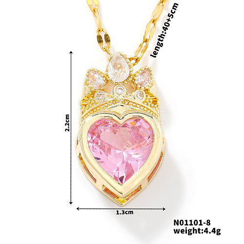 Fashionable Brass Cubic Zirconia Crown Heart-Shaped Pendant Dapped Chain Necklaces for Women SM2288-8-1