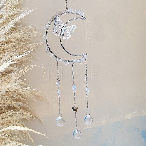 Natural Quartz Crystal Chip Wrapped Moon with Butterfly Hanging Ornaments PW-WG67734-04-1