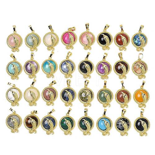 Natural & Synthetic Mixed Gemstone Flat Round Shaped Brass Pendants KK-F887-03G-1