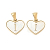 304 Stainless Steel Pave Natural White Shell Heart with Initial Slice Pendants STAS-R168-25G-I-1