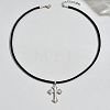 Brass & Imitation Pearl Cross Pendant Black Cord Necklaces for Men LI2000-2-1
