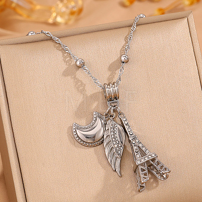 304 Stainless Steel Crystal Rhinestone Moon Wing Eiffel Tower Pendant Necklaces for Women WG97DE7-02-1