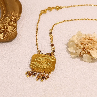 Boho 304 Stainless Steel Evil Eye Pendant Necklaces with Natural Map Stone Tassel for Women WGE9A35-01-1