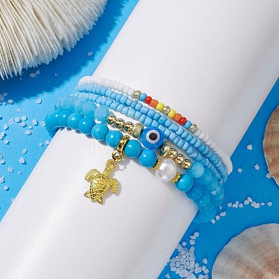5Pcs 5 Style Evil Eye Lampwork & Synthetic Turquoise & Natural Pearl  Beaded Stretch Bracelets Set BJEW-JB09708-1