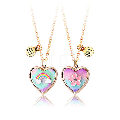2Pcs 2 Styles Alloy Enamel Rainbow Flower Heart Photo Locket Pendant BFF Necklaces WG3E2EF-01-1
