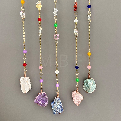7 Chakra Natural Mixed Stone Chips Tree of Life Woven Net/Web with Feather Hanging Ornaments HJEW-A013-05-1