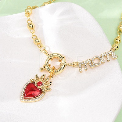 Mother's Day Brass Micro Pave Clear Cubic Zirconia Enamel Red Sacred Heart Mama Pendant Necklaces for Women NJEW-A071-12C-G-1