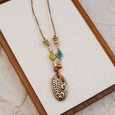 Adjustable Ethnic Handmade Porcelain & Wood Sandy Brown Pendant Waxed Cord Necklaces WG91B87-05-1