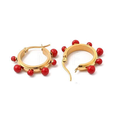 Red Enamel Round Beaded Hoop Earrings EJEW-P219-14G-1