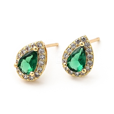 Green Cubic Zirconia Teardrop Stud Earrings X-EJEW-F288-20G-1