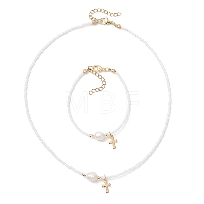 Natural Cultured Freshwater Pearl & Glass Beaded Bracelets & Necklaces Sets SJEW-JS01365-1