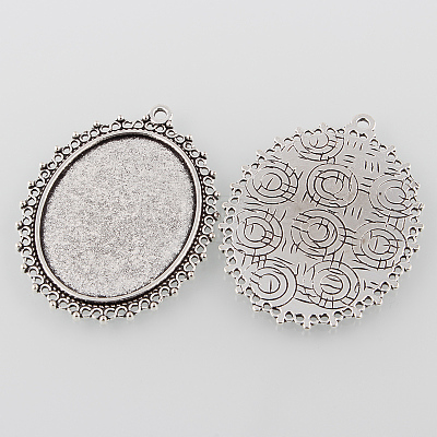 Tibetan Style Antique Silver Alloy Flat Oval Pendant Cabochon Settings X-TIBEP-M022-40AS-1