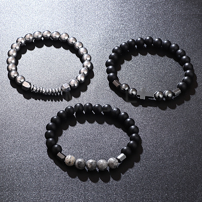 3Pcs Synthetic Non-magnetic Hematite & Natural Picture Jasper & Map Stone Beaded Stretch Bracelets Set for Men WG2E47F-01-1