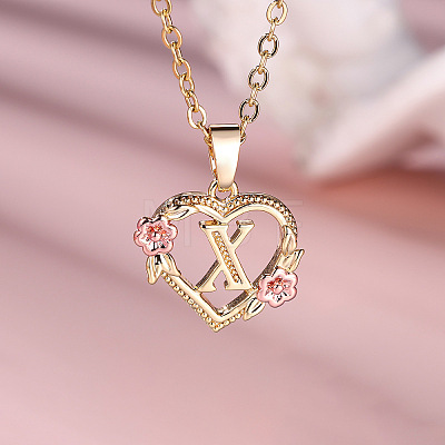 Brass Rose Flower Heart with Letter Pendant Necklaces FS-WGF6950-24-1