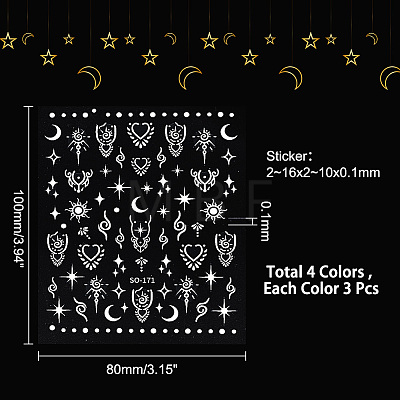 HOBBIESAY 12Pcs 4 Colors PET Waterproof Self-Adhesive Moon Star Sun Decorative Stickers DIY-HY0001-64-1