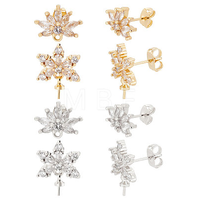 4 Pairs 4 Style Brass Cubic Zirconia Flower Stud Earring Findings EJEW-BBC0001-15-1
