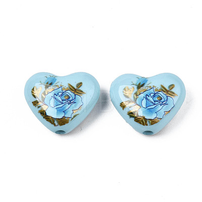 Flower Printed Opaque Acrylic Heart Beads SACR-S305-28-G02-1