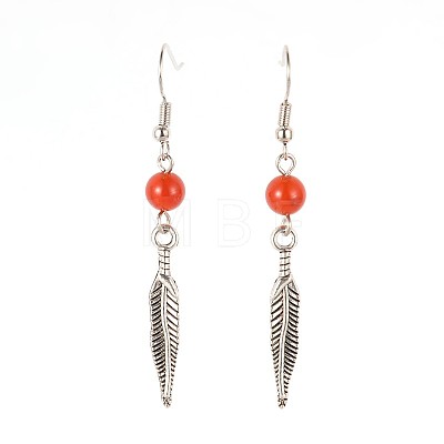 Feather Alloy Natural & Synthetic Mixed Stone Dangle Earrings EJEW-JE01999-1