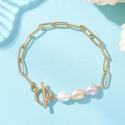 Rice Natural Cultured Freshwater Pearl & Brass Paperclip Chain Bracelets for Women BJEW-JB13543-02-1