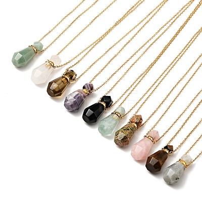 Openable Faceted Natural & Synthetic Mixed Stone Perfume Bottle Pendant Necklaces for Women NJEW-F296-03G-1