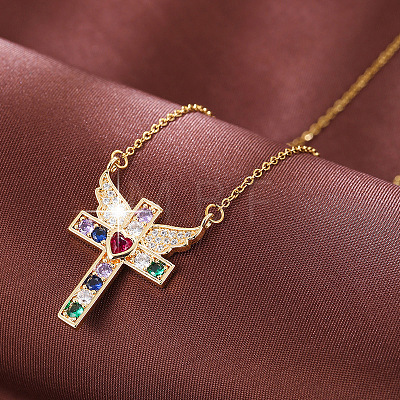 Brass Pave Colorful Cubic Zirconia Cross with Angel Wings Pendant Necklaces for Women WGF2102-01-1