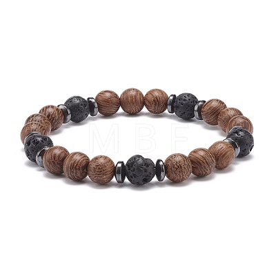 Natural Lava Rock & Wood Beaded Stretch Bracelet BJEW-JB08535-02-1