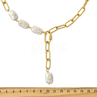 Adjustable 304 Stainless Steel Paperclip Chain Natural Baroque Keshi Pearl Rectangle Y Necklaces NJEW-JN06020-1