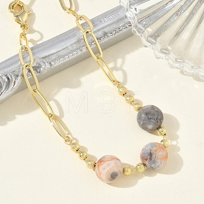 Natural Crazy Agate Faceted Flat Round Beaded Brass Paperclip Chain Bracelets GG-CBA37F5-02G-09-1