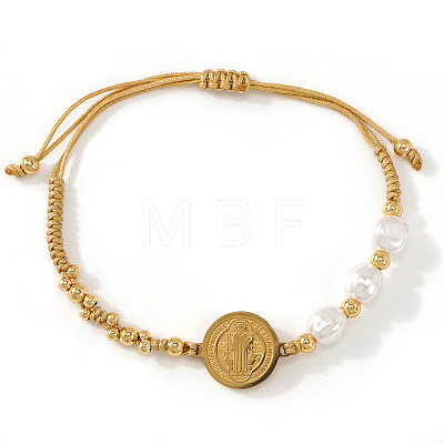 Imitation Pearl and Brass Saint Benedict Braided Bead Bracelets LS-KP6024-1