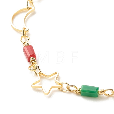 Brass Moon & Star Link Chain Bracelet with Glass Beads for Women BJEW-JB07799-1