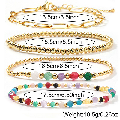 4Pcs 4 Styles 304 Paperclip Chain Bracelets & Brass Round Beads Stretch Bracelets & Natural Mixed Gemstone Round Beads Stretch Bracelets Set for Women AS2287-1-1