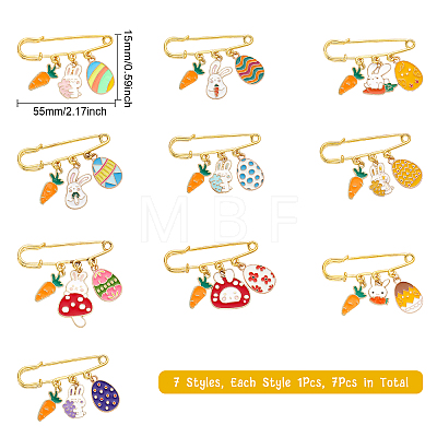 10Pcs 10 Style Easter Egg & Rabbit & Carrot Alloy Enamel Charms Safety Pin Brooch JEWB-CA0001-22-1
