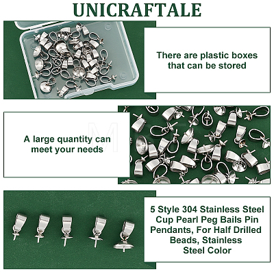 40Pcs 5 Style 304 Stainless Steel Cup Pearl Peg Bails Pin Pendants STAS-UN0055-01-1