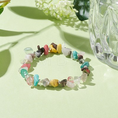 Natural & Synthetic Mixed Gemstone Chips Beaded Stretch Bracelet for Women BJEW-JB07657-01-1