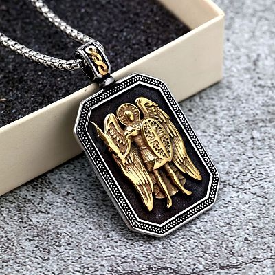 Religion Two Tone 304 Stainless Steel Saint Michael Archangel Rectangle Octagon Pendant Necklaces for Men WGB4C05-02-1